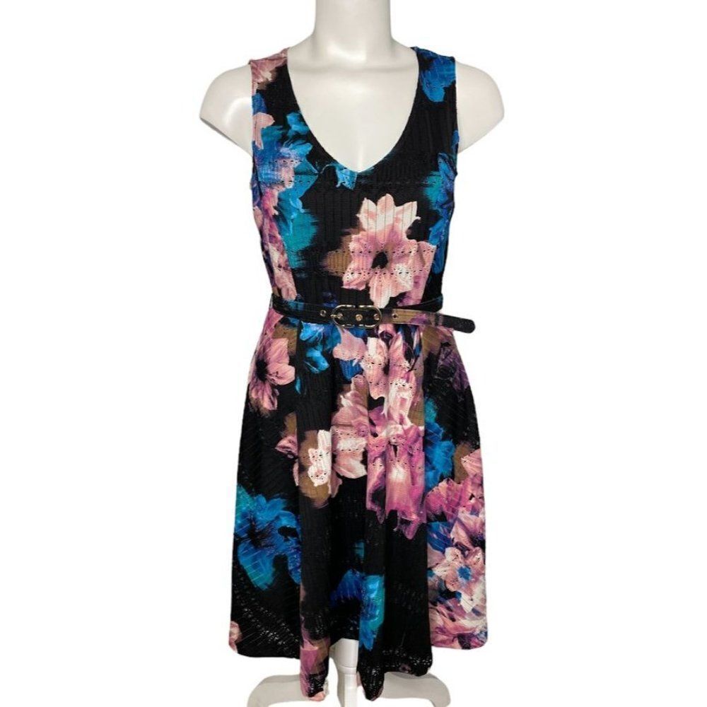 Jennifer Lopez Black Floral Sleeveless Belted Fit & Flare Dress Sz XS
